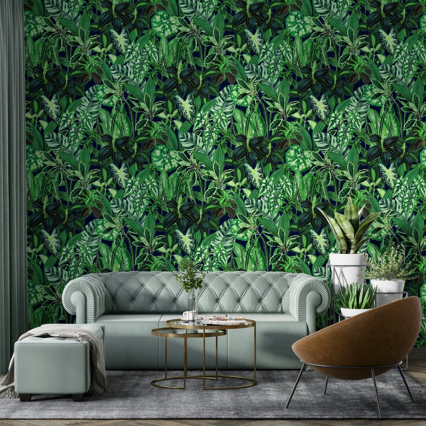 The image features large, lush leaves and other plant life.
