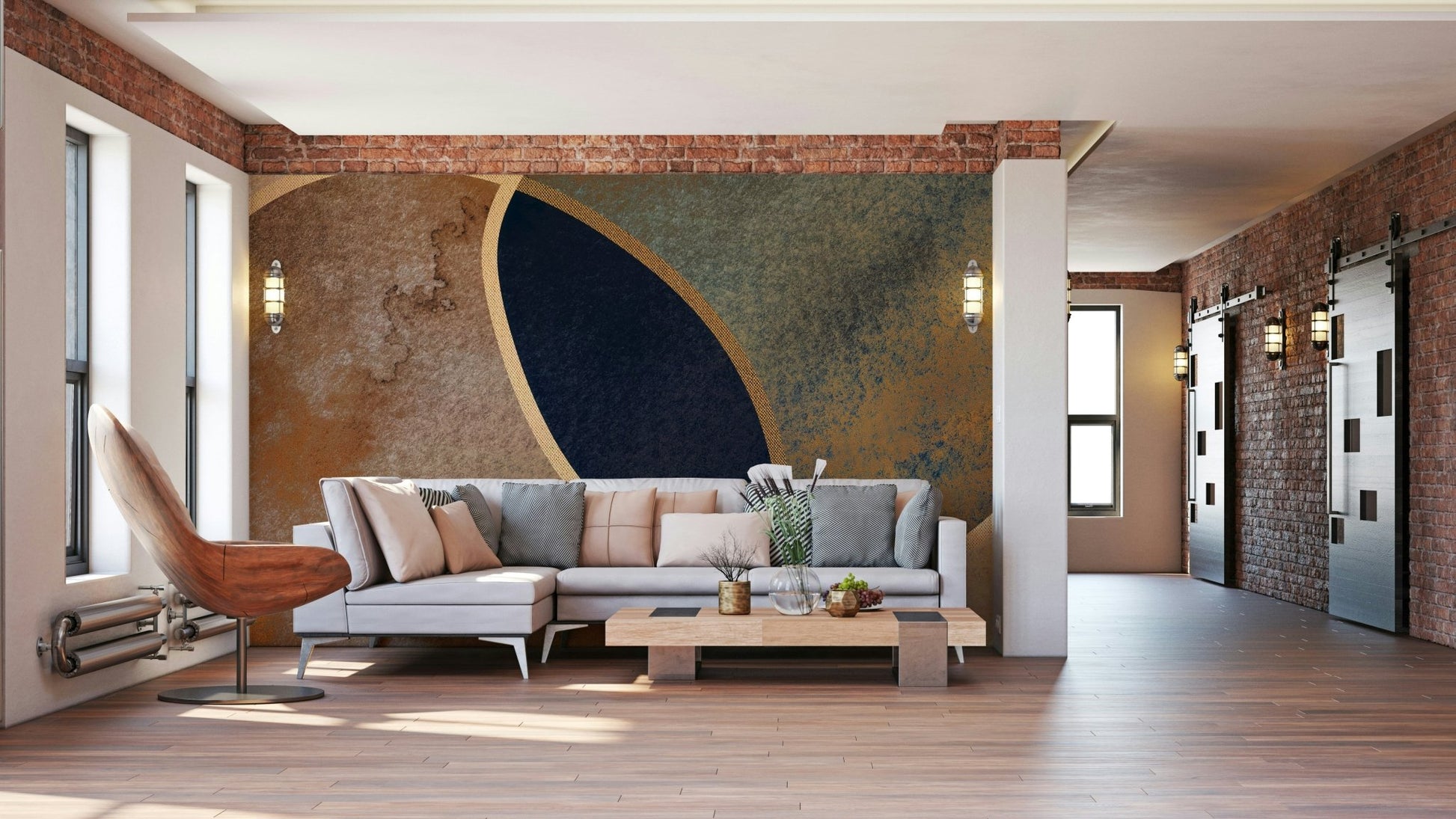 An artistic intersecting line mural on minimalist wallpaper., GD5155