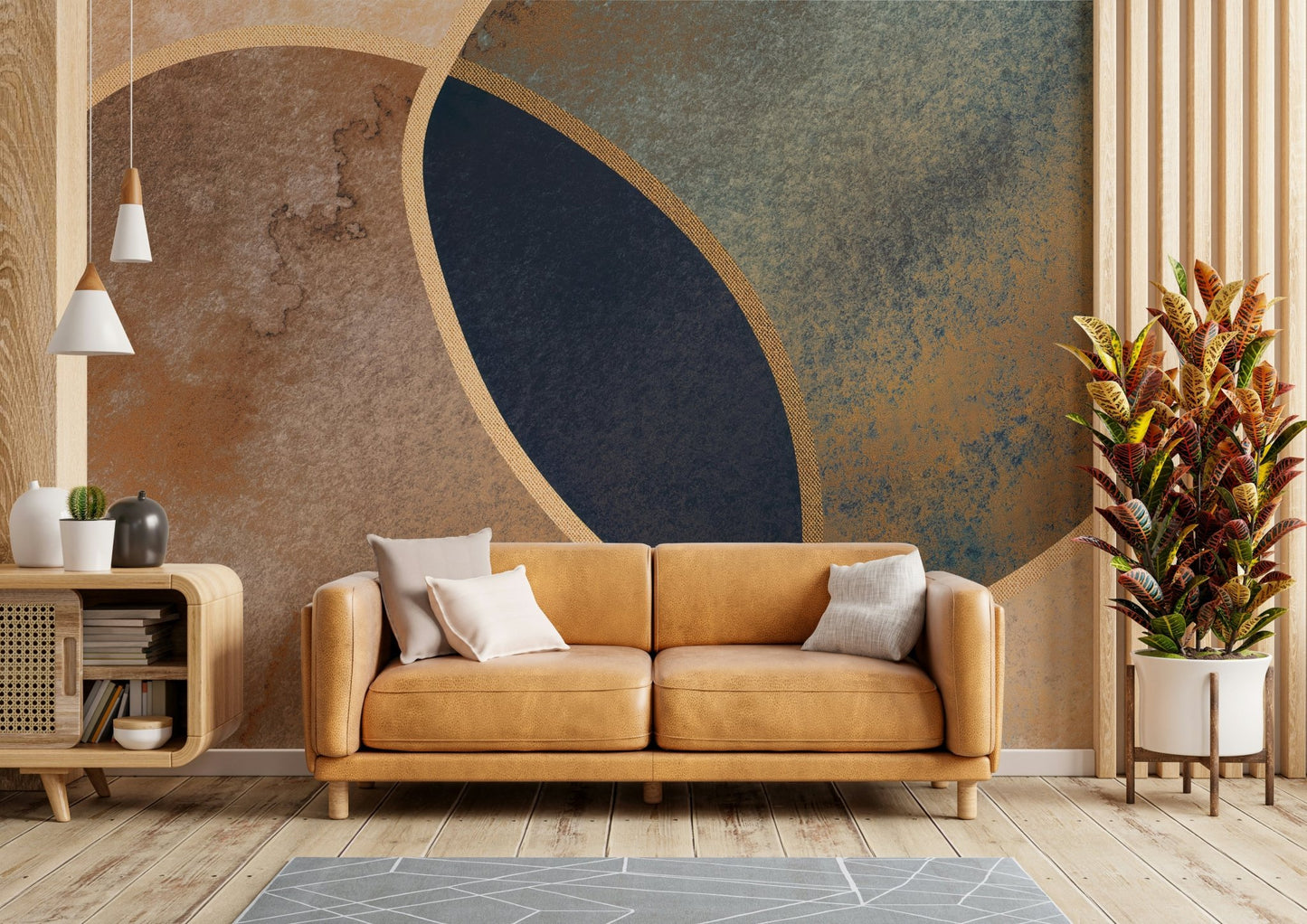 A graceful subtle shape wall mural in cool, natural tones., GD5155
