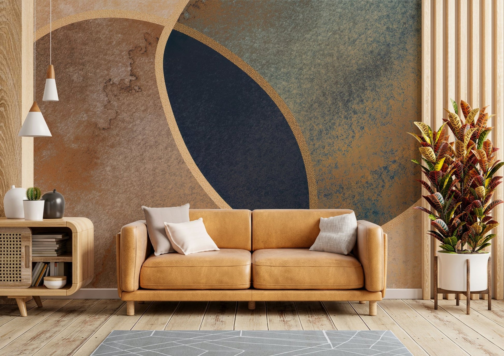 A graceful subtle shape wall mural in cool, natural tones., GD5155