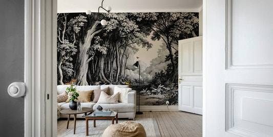 Black and off-white forest wall mural with tall trees

