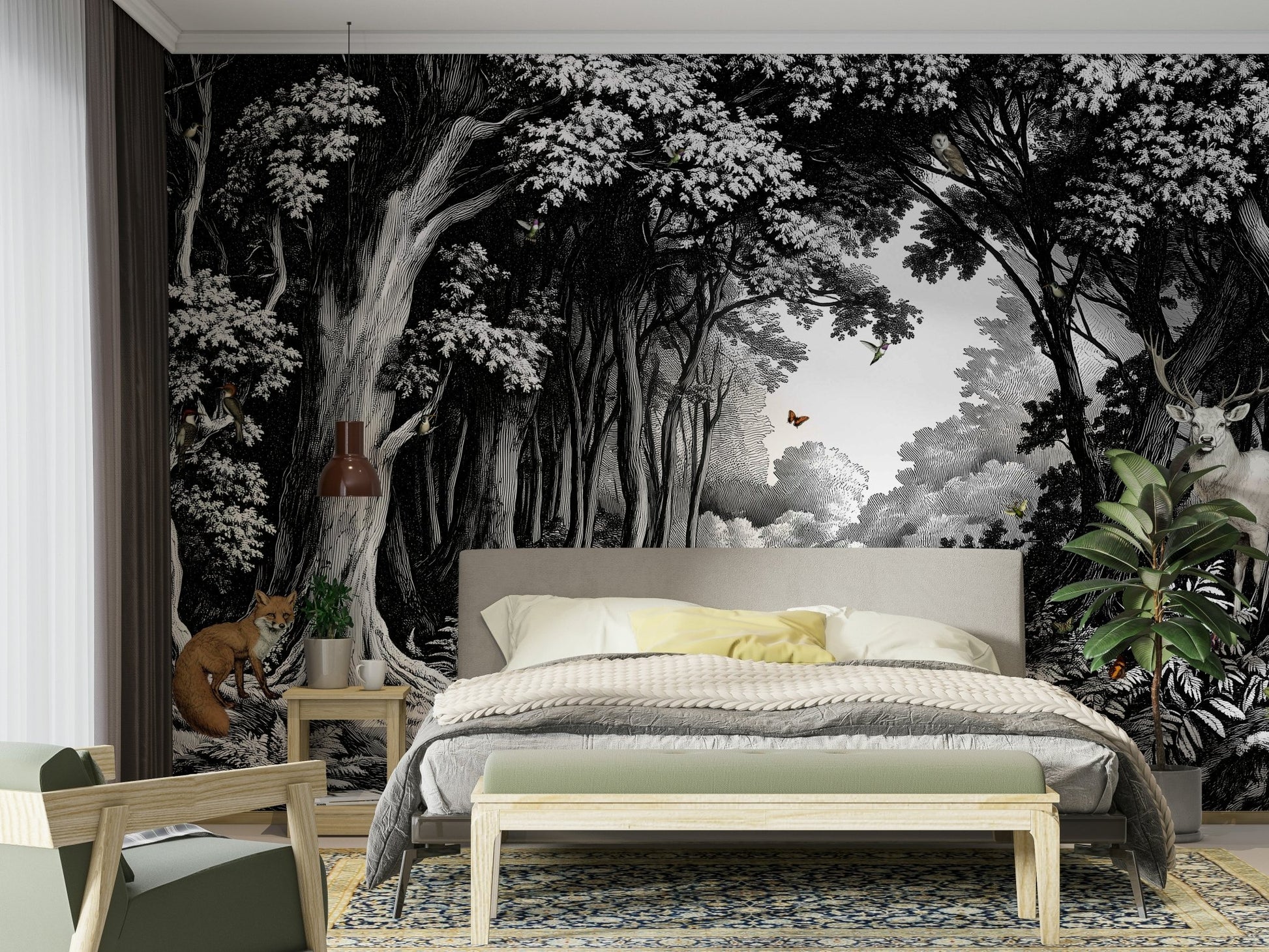 Minimalist forest wallpaper in bold monochrome tones

