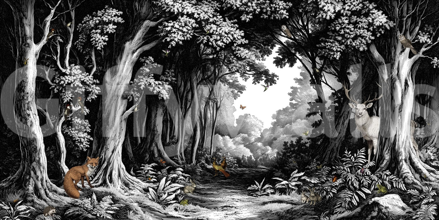 Graphic forest mural with artistic black and white effect

