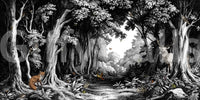Graphic forest mural with artistic black and white effect

