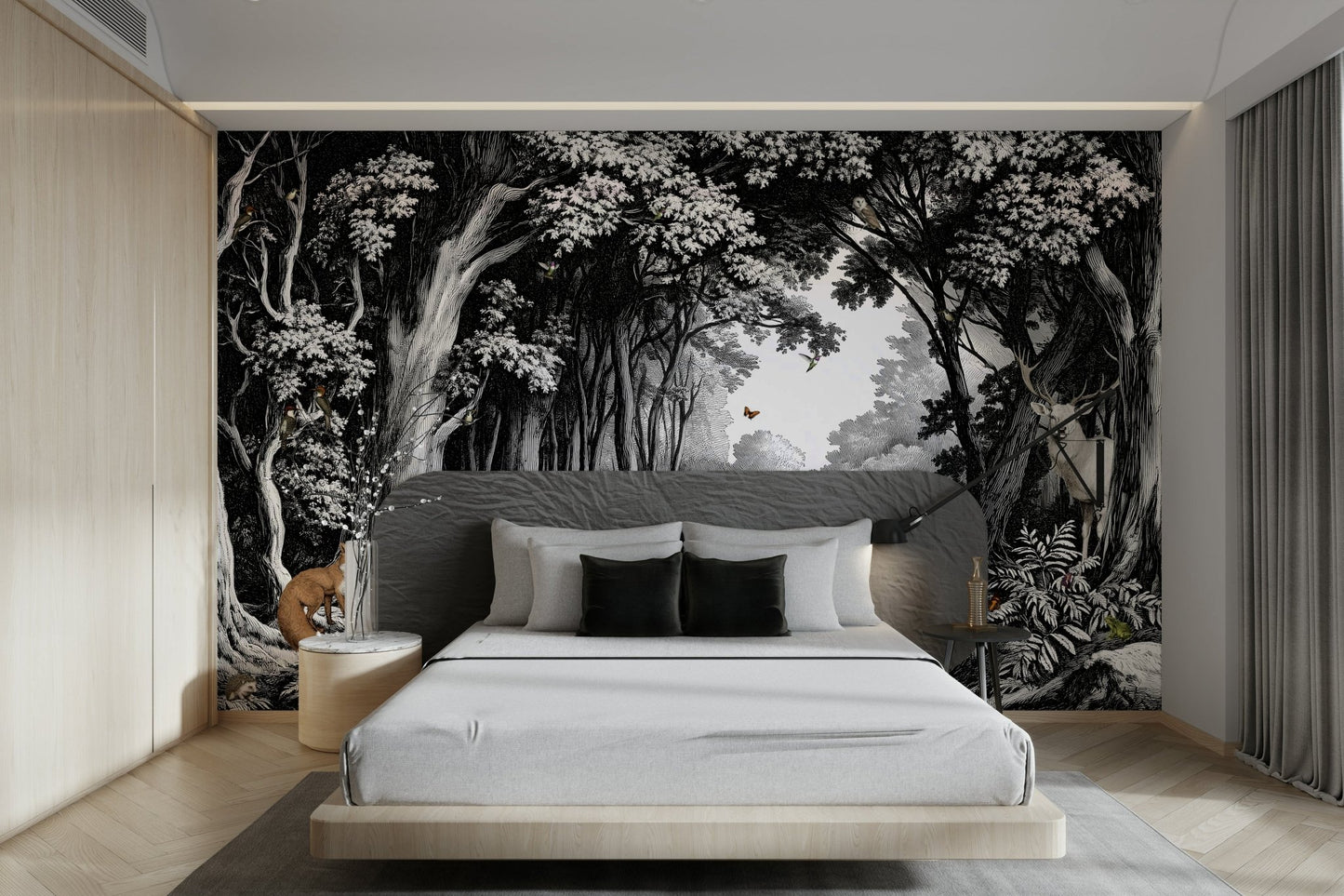 Statement wall mural with black tree silhouettes


