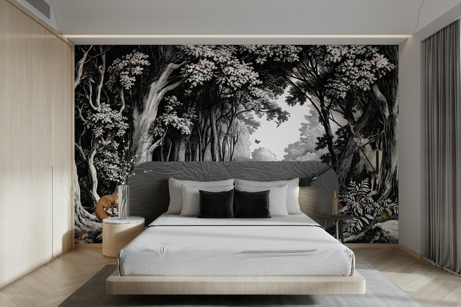 Statement wall mural with black tree silhouettes

