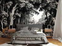 Scandinavian-style room with monochrome forest mural


