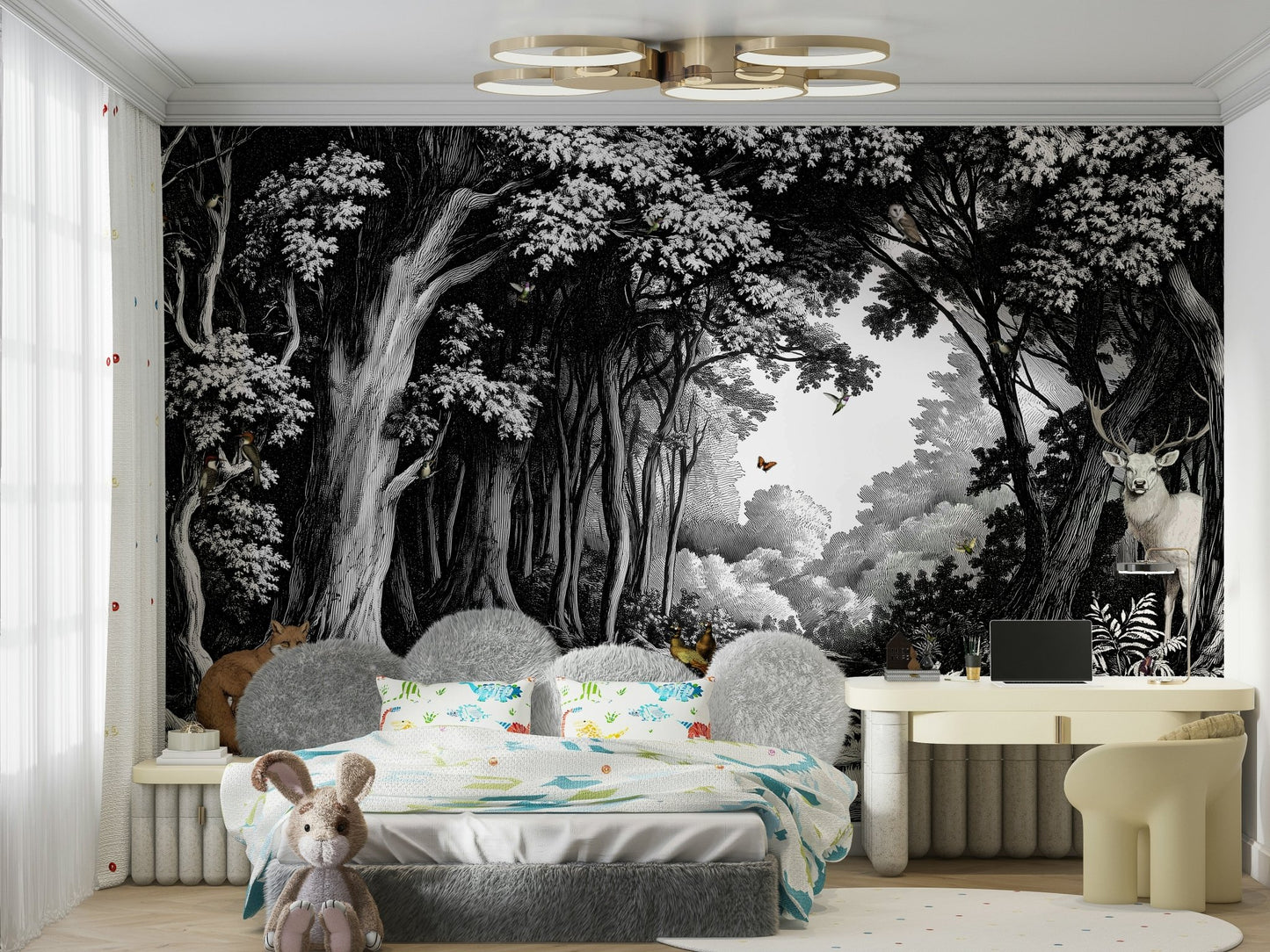 Serene wall mural of a black and white woodland landscape

