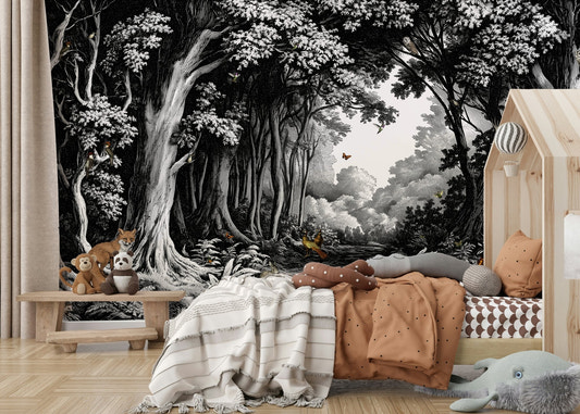 Black and white forest mural with fading tree silhouettes

