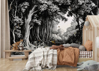 Black and white forest mural with fading tree silhouettes

