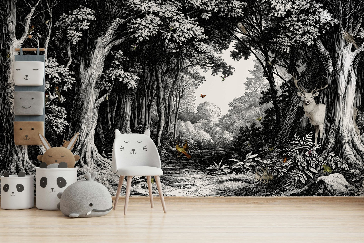 Monochrome wall mural featuring misty woodland scene

