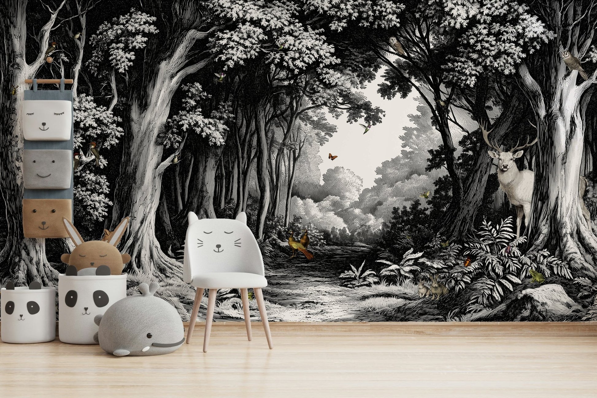 Monochrome wall mural featuring misty woodland scene

