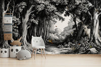 Monochrome wall mural featuring misty woodland scene

