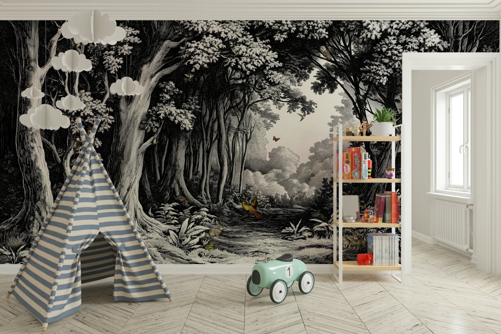 Dramatic grayscale forest scene for modern interiors

