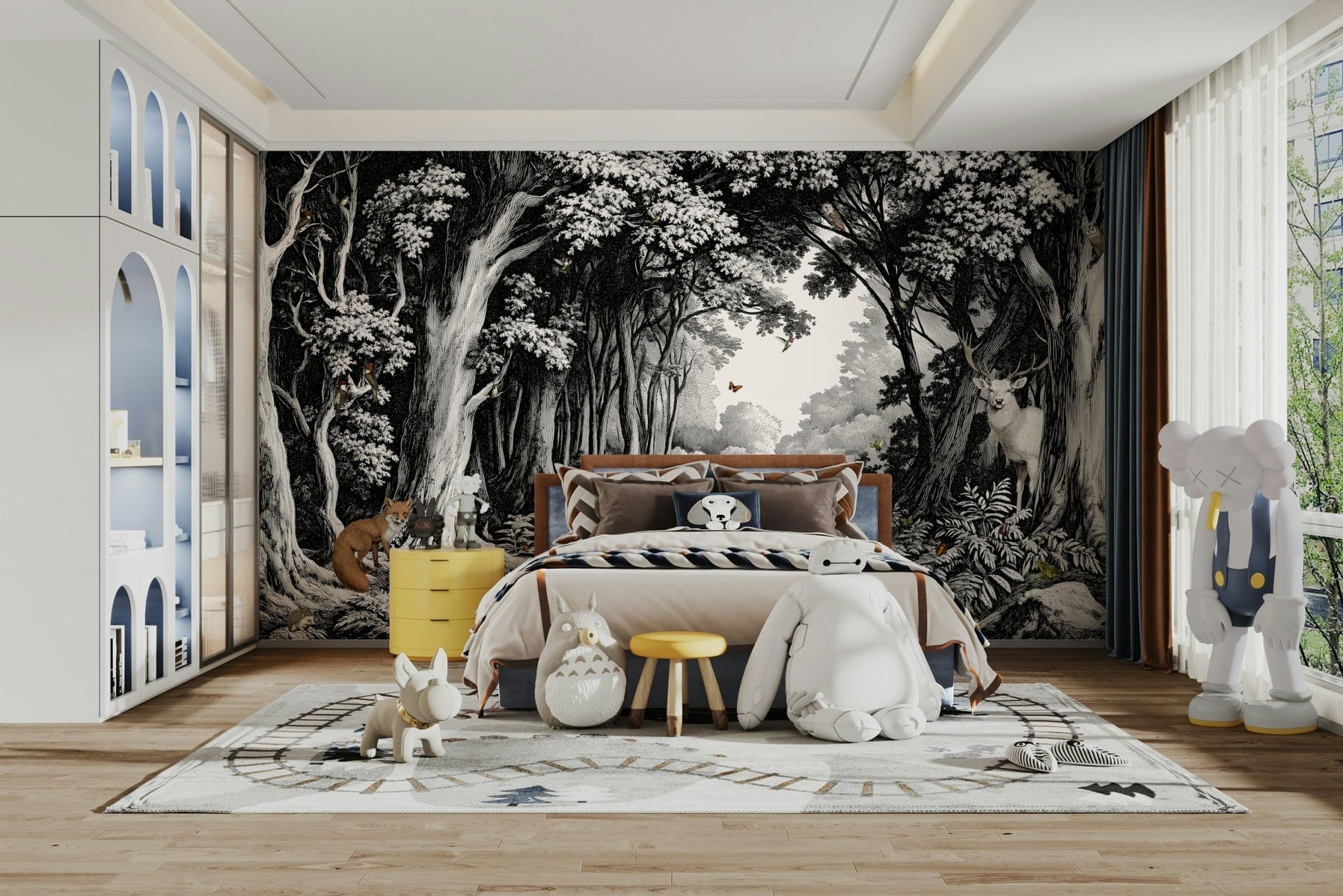 Elegant black trees on a white forest mural background

