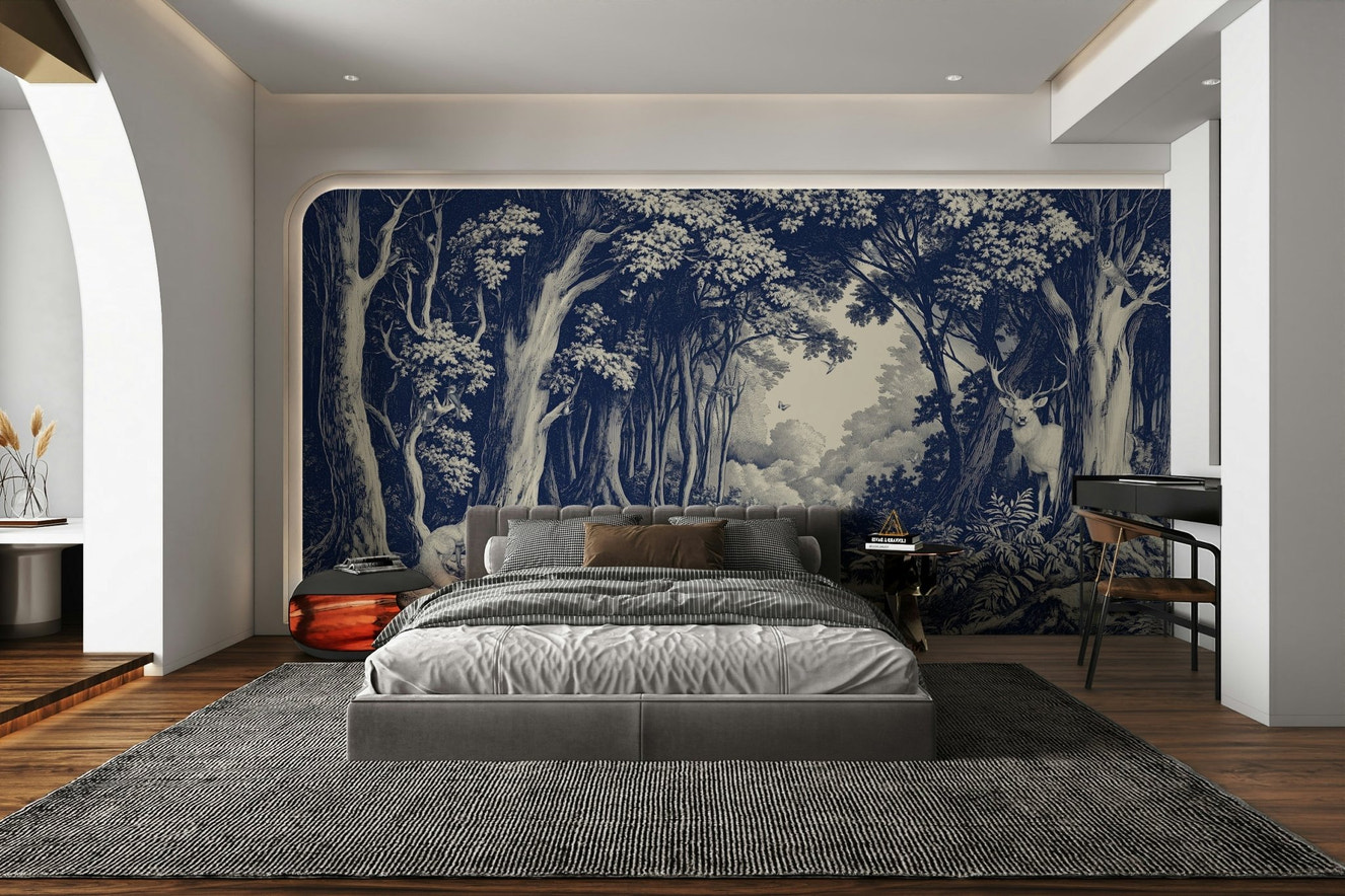 Delft blue forest mural with layered tree silhouettes


