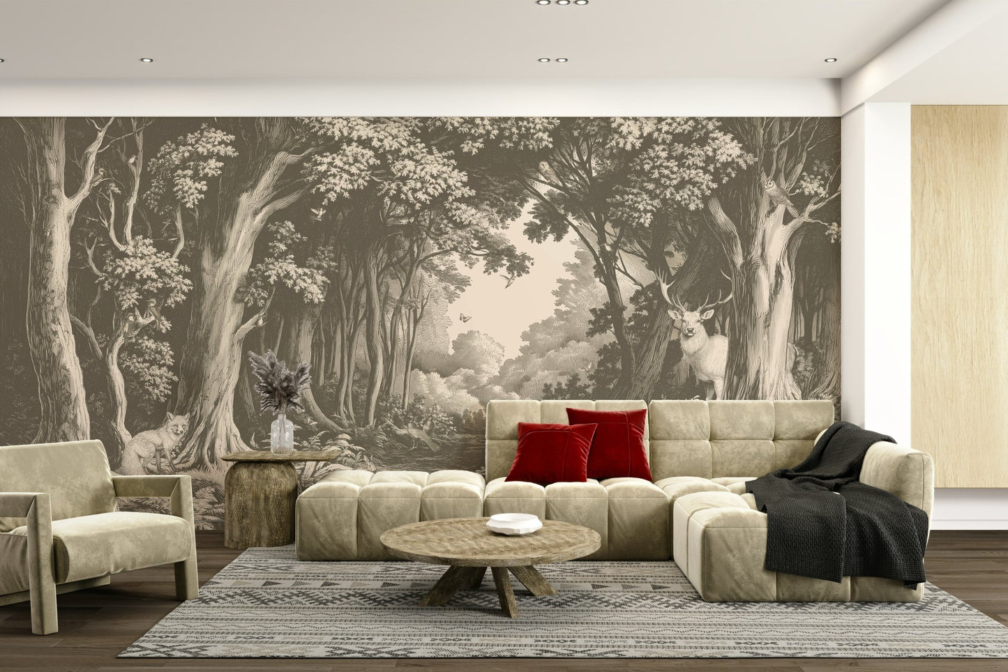 Rustic nature mural in mushroom and mocha tones

