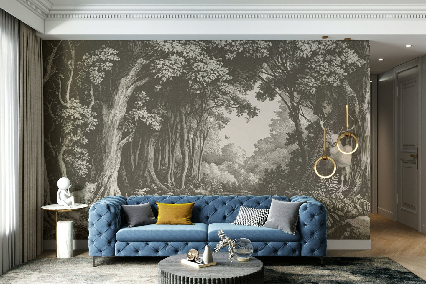 Calming bedroom accent wall with forest mural

