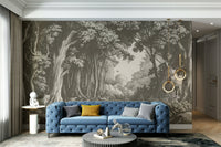 Calming bedroom accent wall with forest mural

