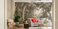Neutral-toned forest wallpaper for earthy interiors

