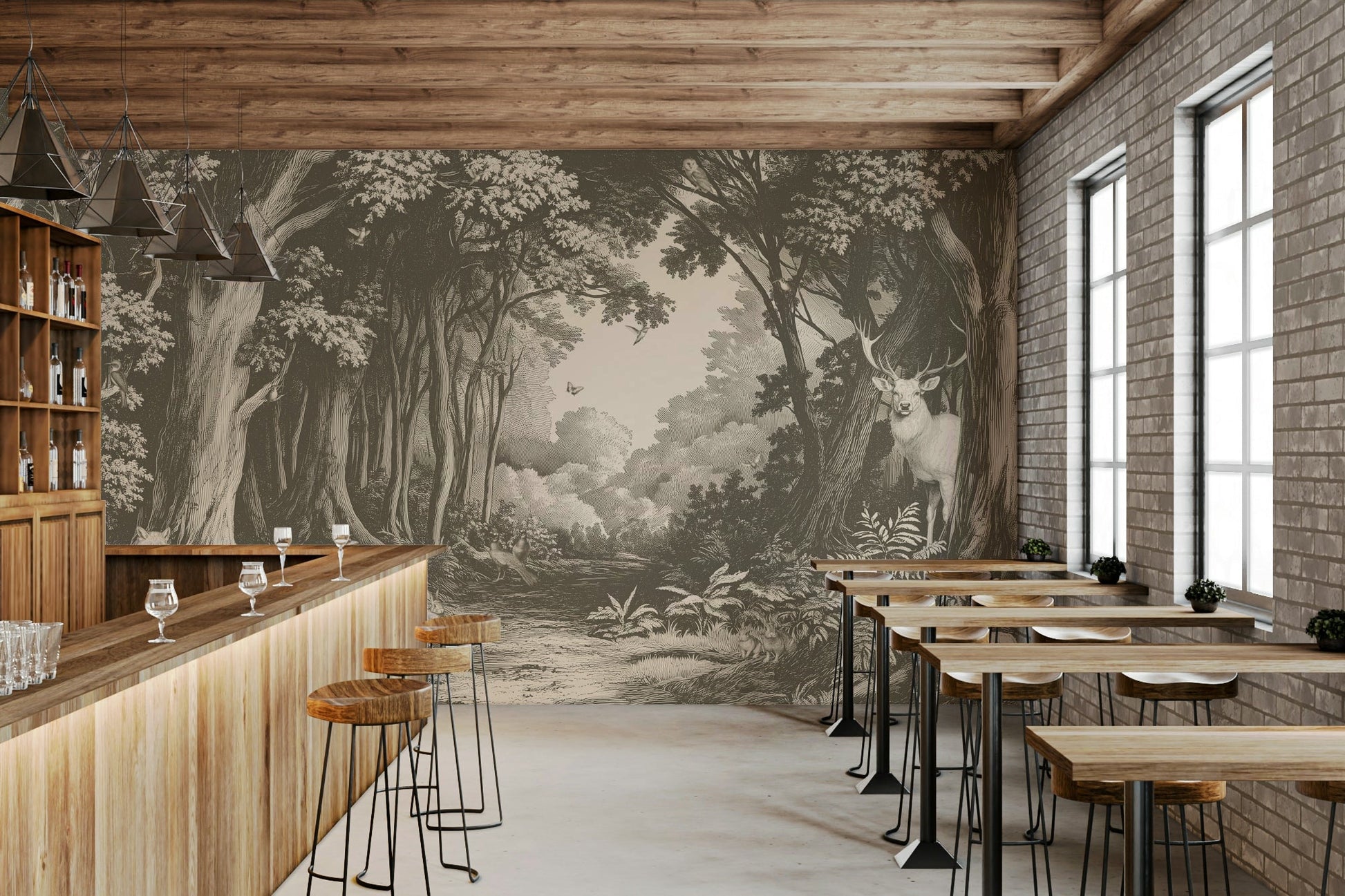 Woodland mural in natural brown and taupe hues


