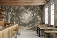 Woodland mural in natural brown and taupe hues

