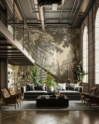 Earth-toned Into the Forest mural with soft mist effect

