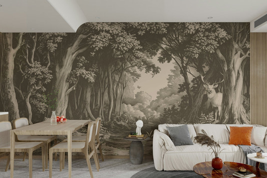 Mushroom brown forest wall mural with tree silhouettes

