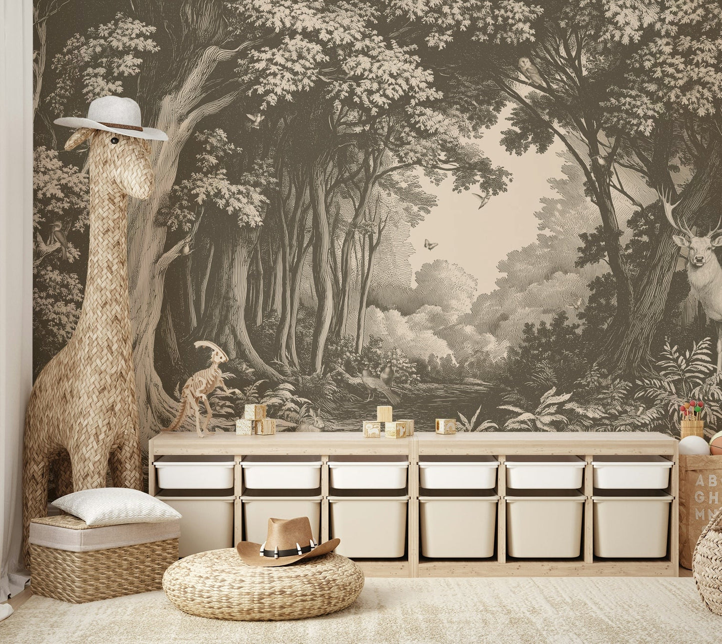 Foggy forest scene in warm brown gradient mural

