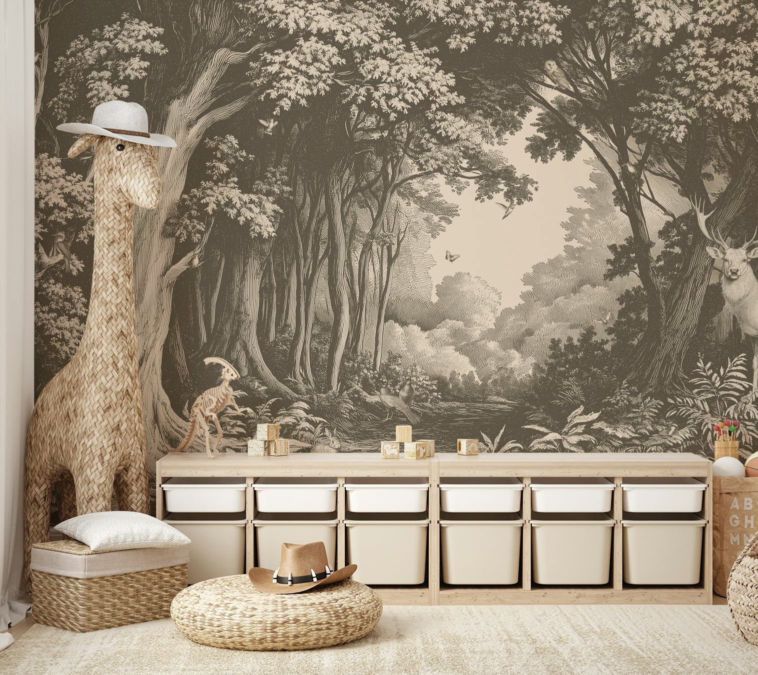 Foggy forest scene in warm brown gradient mural

