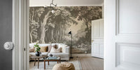 Tree-filled mural in soft mushroom brown palette


