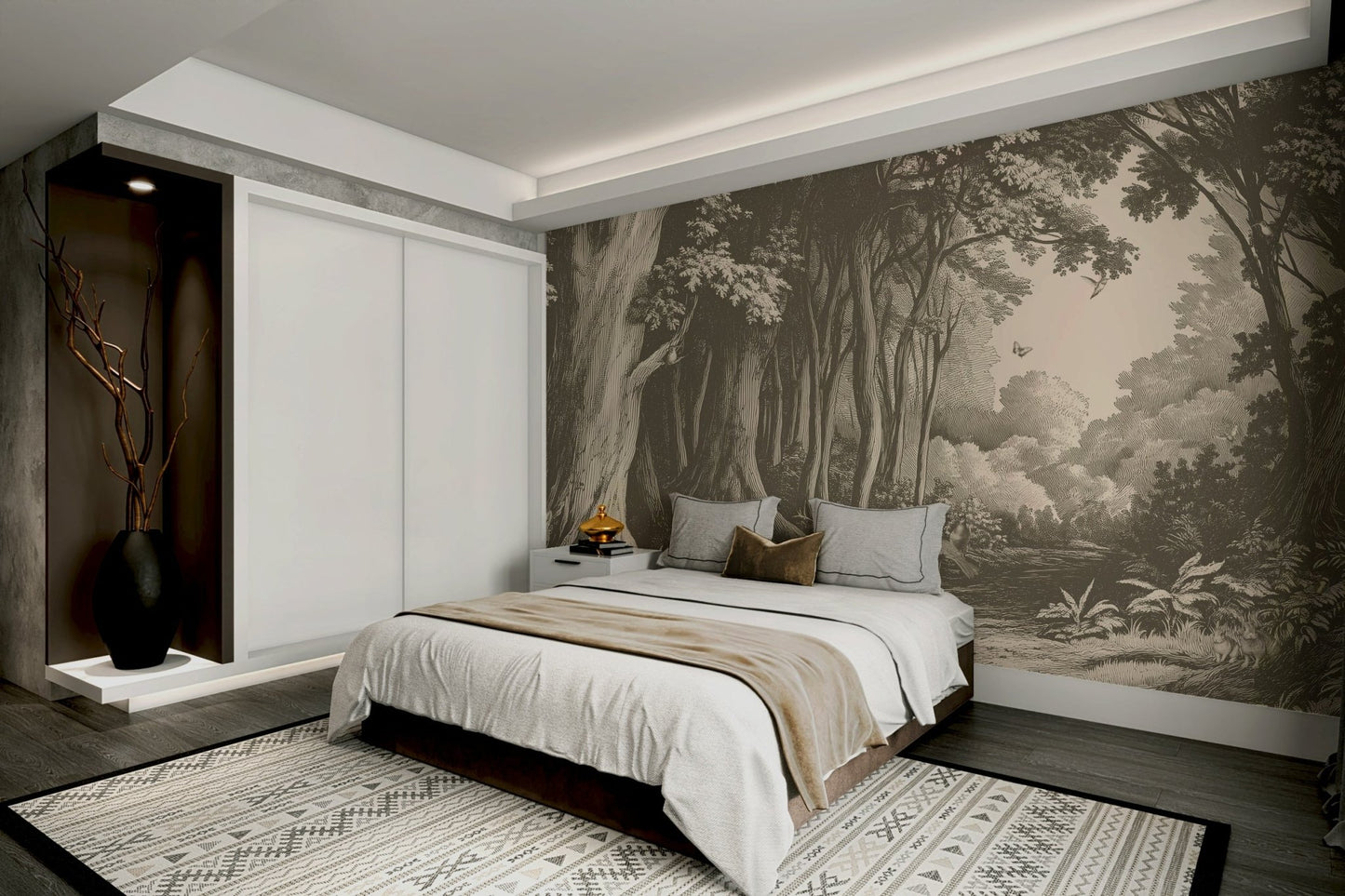 Cozy living room with mushroom brown forest wallpaper

