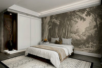 Cozy living room with mushroom brown forest wallpaper

