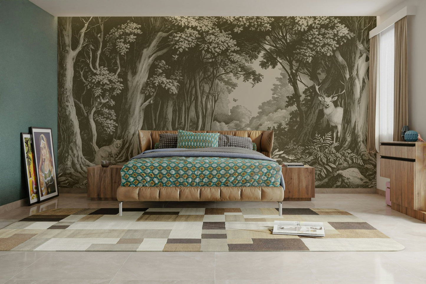 Earthy olive green mural for modern organic spaces

