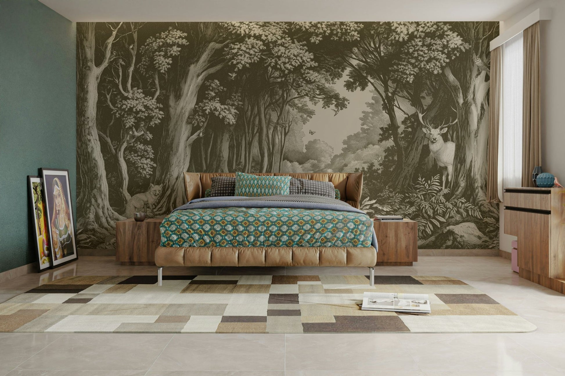 Earthy olive green mural for modern organic spaces

