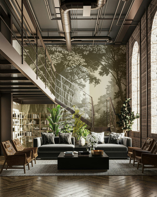 Olive green forest mural with soft tree silhouettes

