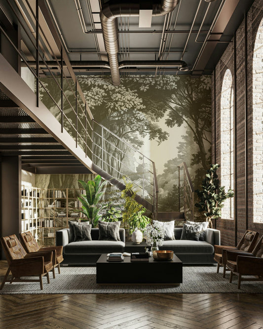 Olive green forest mural with soft tree silhouettes

