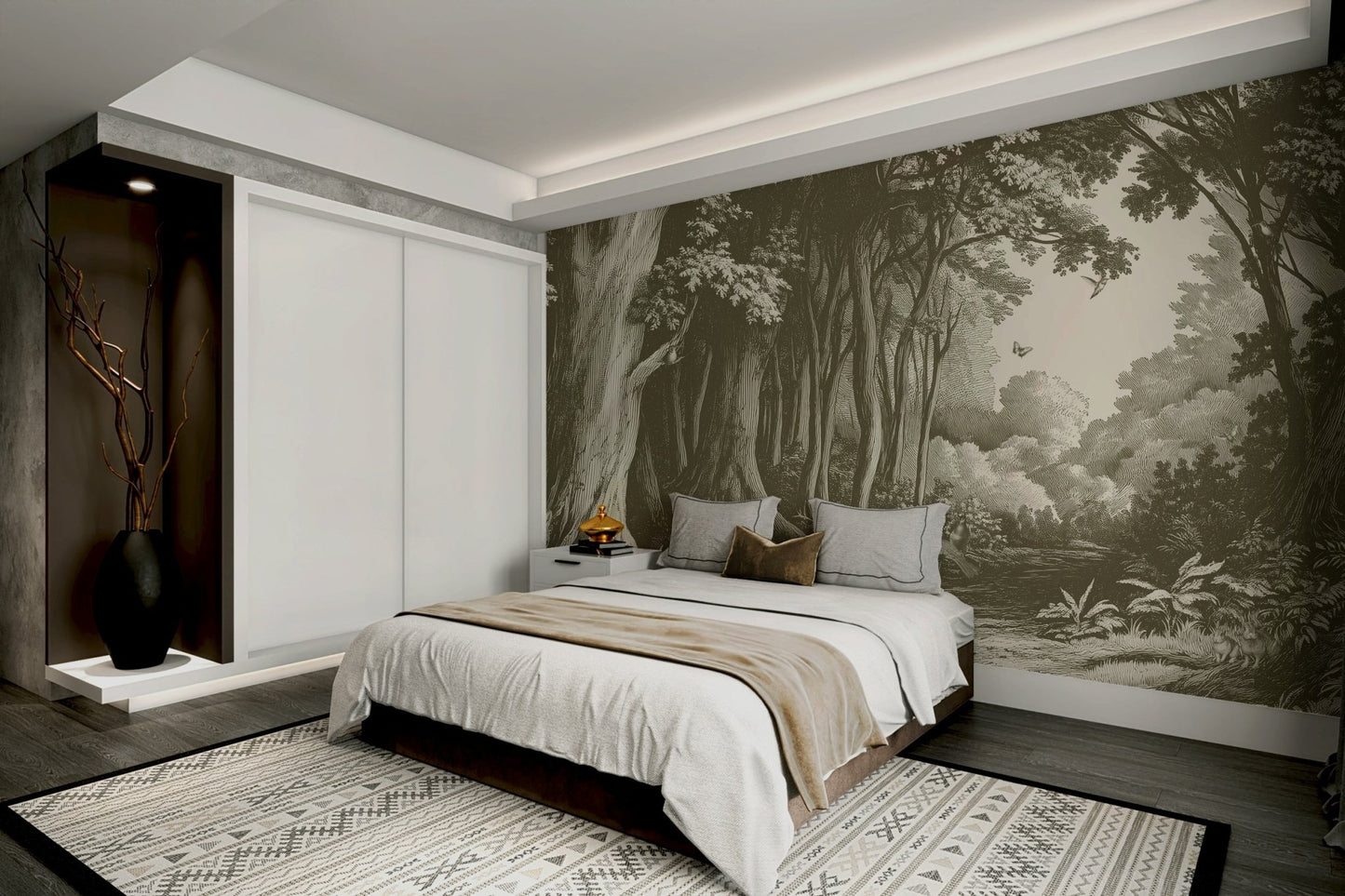 Olive-toned forest mural for natural interior décor

