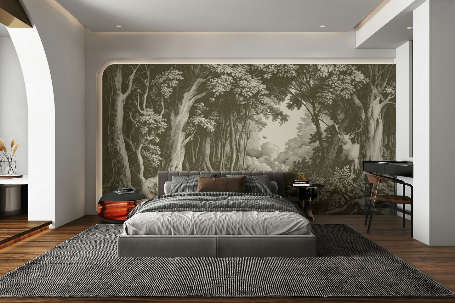 Botanical forest mural in sage and olive hues

