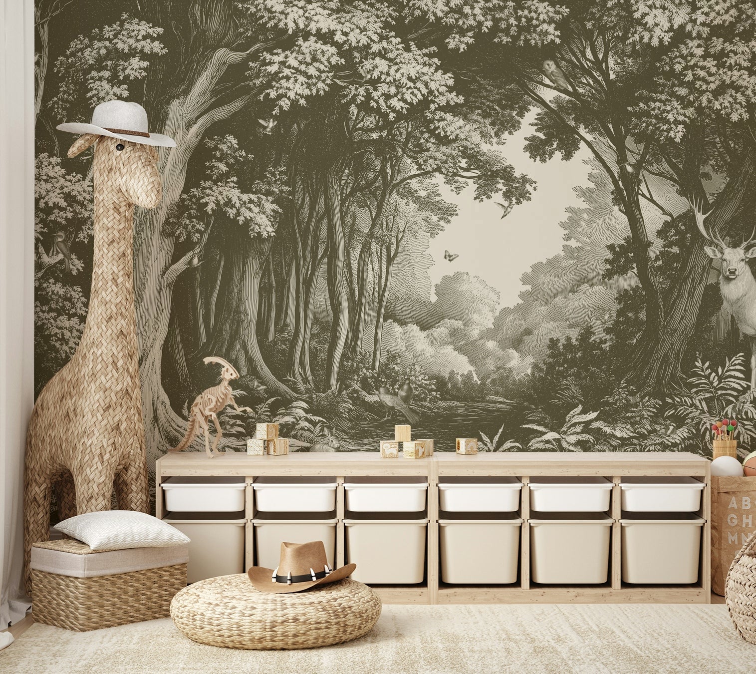 Living room with olive green tree mural backdrop

