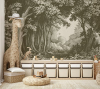 Living room with olive green tree mural backdrop

