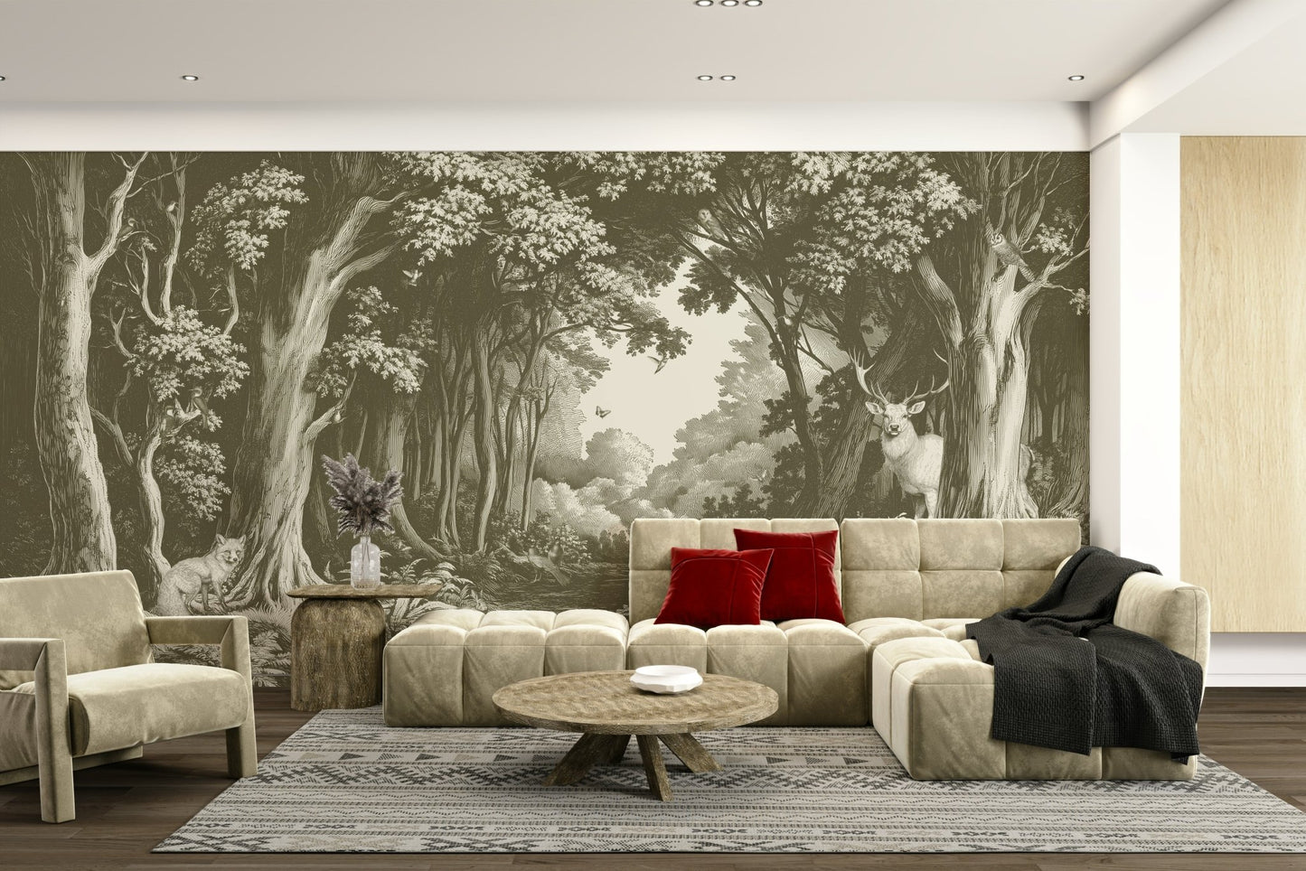 Soft olive green forest scene for peaceful wall art


