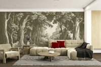 Soft olive green forest scene for peaceful wall art

