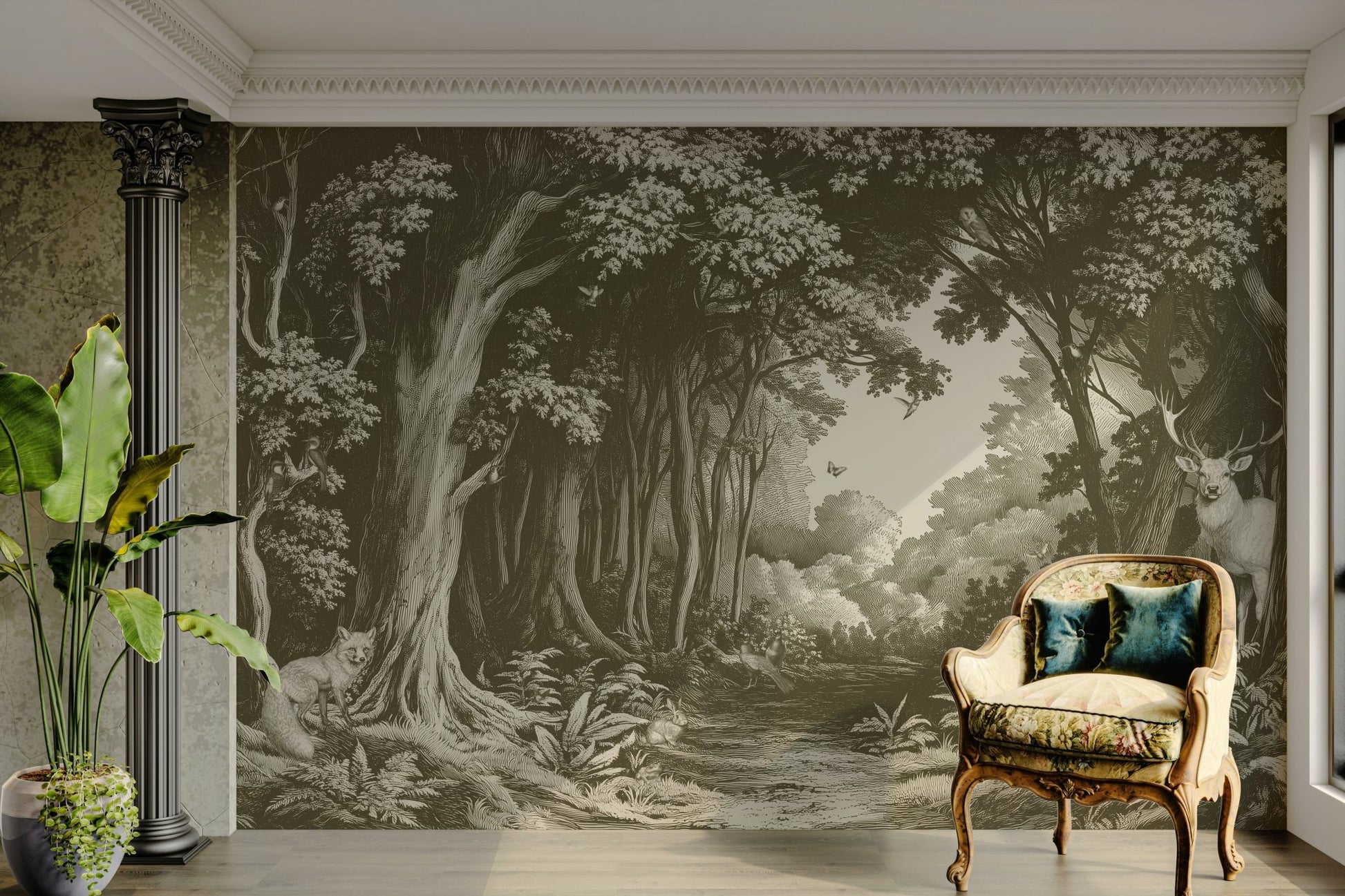 Into the Forest wall mural in earthy green shades

