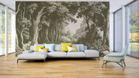 Misty forest wallpaper in organic olive palette

