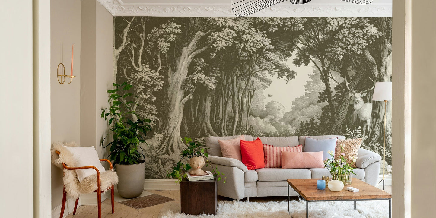 Tranquil mural with fading green tree landscape

