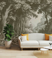 Calm woodland scene in muted olive green tones

