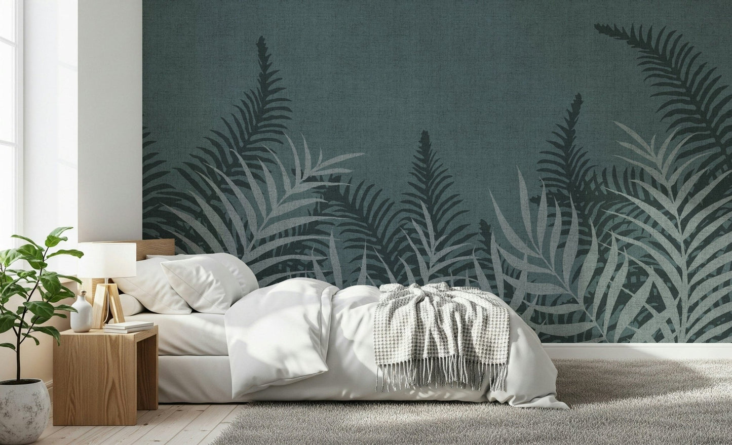 Jungle Fog wall mural, chic marine blue nature inspired print.
