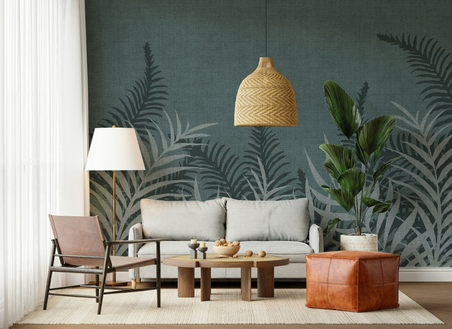 Into The Jungle Fog wallpaper showcasing layered dusty palm leaves.