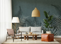 Into The Jungle Fog wallpaper showcasing layered dusty palm leaves.